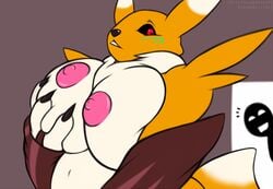 anthro big_breasts blush breast_grab breasts canine caught digimon elbow_gloves female fox fur furry galmario_grantaruda51 gloves masturbation nipples red_eyes renamon