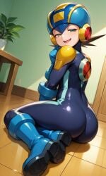 ai_generated ass big_ass bodysuit boots bubble_butt curvy curvy_male femboy girly huge_ass looking_at_viewer looking_back looking_back_at_viewer male mega_man_battle_network megaman.exe netnavi on_the_floor seductive skin_tight skin_tight_suit smug smug_face teasing thick_thighs twink