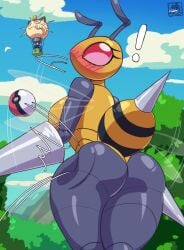 2025 absurd_res anthro arthropod ass bee beedrill big_butt crossed_legs deathzera digital_media_(artwork) female flying game_freak generation_1_pokemon hi_res humanoid hymenopteran insects looking_back nintendo pokeball pokemon pokemon_(species) rear_view shy solo tagme