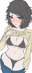 black_hair breasts half_naked kawakami_sadayo lingerie lingerie_under_clothes looking_away older_female persona persona_5 sadayo_kawakami short_hair shy shy_expression teacher undressing undressing_self yaoto