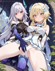 2girls ai_assisted ai_generated big_breasts fingering from_below genshin_impact lightomen lumine_(genshin_impact) panties skirk_(genshin_impact) upskirt white_panties yuri