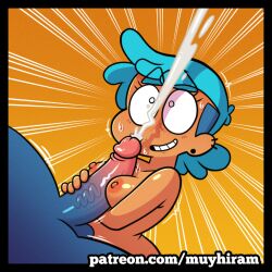 arms_under_breasts big_cumshot big_penis black_eyes blank_eyes blue_hair blue_penis boobjob breasts cum cumshot demon_and_mess ear_piercing ear_ring earrings erect_penis erection eyebrows_visible_through_hair faceless_male fani_(muyhiram) giant_penis hand_on_penis holding_penis incubus load_of_cum long_cumshot medium_breasts medium_hair monster_cock mullet muyhiram naked nipples orange_background penis penis_on_breast shaking shiny_arms shiny_breasts smiling surprised sweat_on_face sweatdrop veiny_penis