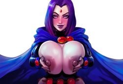 ai_generated breasts breasts_squeezed_together gray_skin huge_breasts kebe_kebabs purple_eyes purple_hair pushing_breasts_together raven_(dc) teen_titans