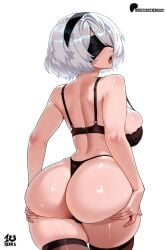 1girls ass ass_support back back_view backboob big_ass big_breasts black_bra black_panties bottomwear bra breasts dat_ass eyewear female female_only hair hands_on_ass huge_ass kyoffie lace lace-trimmed_bra lace-trimmed_panties lace_trim legwear lingerie lips looking_back nier nier:_automata nier_(series) panties solo solo_female thick_thighs thighhighs thighs topwear white_hair yorha_2b