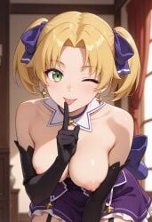 ;p a_rank_party_o_ridatsu_shita_ore_wa_moto_oshiego-tachi_to_meikyuu_shinbu_o_mezasu ai_generated areolae bangs bare_shoulders black_gloves black_legwear black_thighhighs blonde_hair blue_ribbon blush bow breasts breasts_out_of_clothes clavicle cleavage clothing curtains detached_collar detached_sleeves dress earrings elbow_gloves exposed_breasts female female female_only finger_to_mouth freckles garter_straps gloves green_eyes hair_ornament hair_ribbon index_finger_raised indoors jamie_osen jewelry large_breasts leaning_forward legwear lingerie looking_at_viewer medium_breasts milfhunter228 nipples no_bra one_eye_closed parted_bangs purple_skirt ribbon short_hair short_twintails sitting skirt smile solo star star_(symbol) star_earrings thighhighs thighs tied_hair tongue tongue_out topless twintails window wink