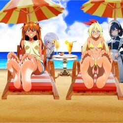 1:1_aspect_ratio 4girls apron asuka_langley asuka_langley_sohryu ayanami_rei bangs bare_legs bare_shoulders barefoot beach beach_umbrella bikini black_hair blonde_hair blue_eyes blue_hair blue_sky breasts cleavage closed_eyes clothing cloud day denim denim_shorts dress feet female femdom food foot_focus fruit glass grin hair_between_eyes hair_ornament happy headdress headwear high_resolution holding kirisaki_chitoge kuudere legs long_hair looking_at_viewer maid maid_apron maid_headdress medium_breasts multiple_girls neon_genesis_evangelion ocean open-mouth_smile open_mouth orange_hair outdoors red_eyes red_ribbon relaxing ribbon sad sand servant serving_drink shirt short_hair short_shorts shorts sitting sky smile soles striped striped_bikini striped_swimsuit summer swimsuit table tank_top tanlines tanned tanned_girl teasing teenage teenage_girl toes tsundere umbrella uniform water yellow_shirt yellow_tank_top