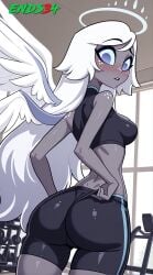 2025 ai_generated angel ass ass_focus blue_eyes emily_(hazbin_hotel) ends34 female female_focus fit_female gym gym_clothes gym_uniform hazbin_hotel long_hair sports_bra sports_uniform sportswear