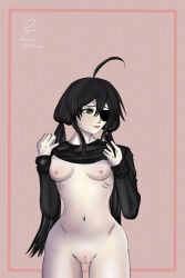 1girl alela_grora artist_request black_eyes black_hair black_shirt bottomless closed_mouth colored_skin eyepatch funamusea navel nipples pussy red_background red_border shirt_lift simple_background skinny small_breasts smile solo the_gray_garden thighs traditional_art traditional_media traditional_media_(artwork) white_skin