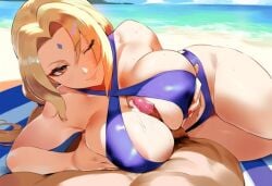 1boy 1girls ai_generated bikini breasts cum cum_on_breasts female large_breasts looking_pleasured male mommy naruto naruto_(series) paizuri penis pov swimsuit tagme titjob tittyg-ai tsunade