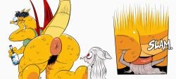 anua bent_over blush bottle bottomless deepcreases donut_anus dragon feet female furry giant_ass giantess grey_body grey_hair grin hairy_pussy huge_ass long_hair looking_back male nose_ring nosebleed orange_body original_characters red_eyes scales scalie sharp_teeth shirt sitting_on_person size_difference tail wings