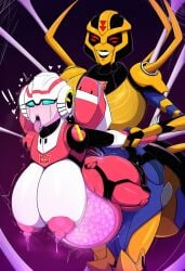 ahegao_face ai_generated arcee arcee_(rotb) arms_pulled_doggy_style autobot belly_inflation blackarachnia_(tfa) bubble_butt decepticon eggs_in_stomach hanging_breasts novelai predacon pregnant_female rolling_eyes spider_web tongue_out transformers_animated transformers_rise_of_the_beasts