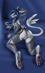 anthro anus blue_hair breasts canine clothing draed eyewear female fur furry goggles hair hybrid looking_at_viewer nipples noro pinup pussy solo