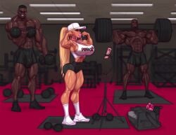 1girls 2boys autumn_blair bimbo clothed gym huge_ass huge_breasts huge_cock imminent_sex interracial selfie_pose theofficialpit