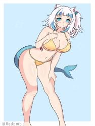 1girls alternate_breast_size animal_ears bangs barefoot big_breasts bikini blue_eyes blue_hair blunt_bangs breasts cat_ears cleavage closed_mouth clothing female gawr_gura gawr_gura_(casual) gills gold_bikini hair_ornament hips hips_wider_than_shoulders hololive hololive_english huge_breasts large_breasts legs looking_at_viewer medium_hair milf multicolored_hair navel redpmb shark_girl shark_tail side_ponytail smile solo standing streaked_hair swimsuit tail thick_thighs thighs virtual_youtuber white_hair wide_hips