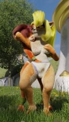 3d_(artwork) absurd_res activision anthro bandicoot blender_(artwork) blonde_hair breast_grab breasts brown_body brown_fur brown_hair clothed clothing coco_bandicoot crash_(series) digital_media_(artwork) doublestuffed duo elora faun faun_(spyro) female female/female fur grabbing_from_behind hair hand_in_pants hand_in_underwear hand_on_another's_breast hand_on_breast hi_res long_hair looking_at_another mammal marsupial nipples obscured_fingering outside panties panties_only smile spyro_the_dragon standing tan_body tan_fur tongue tongue_out topless topless_anthro topless_female underwear underwear_only