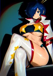 1girl ai_generated arm_support ass bandeau black_bandeau black_thong blue_background blue_eyes blue_hair blush breasts cape cleavage cosplay crossed_legs elbow_gloves elfgens feet_out_of_frame from_below genderswap genderswap_(mtf) gloves hair_ornament hair_over_one_eye hair_stick large_breasts latex_thighhighs looking_at_viewer pasties persona persona_3 red_trim revealing_clothes self_upload shadow short_hair simple_background sitting skin_tight solo star_(symbol) star_pasties sweat tengen_toppa_gurren_lagann thighhighs thighs thong underboob vignetting white_cape white_gloves white_thighhighs yoko_littner yoko_littner_(cosplay) yuuki_makoto_(persona_3)