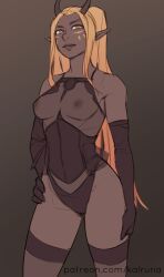 1girls black_lingerie black_panties blonde_hair dark-skinned_female dark_elf dark_skin elbow_gloves elf elf_female horns kalruna lingerie panties see-through_clothing solo the_dragon_prince