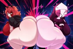 2girls ass_focus ass_to_ass backboob banillansfw bottomless casual_nudity deltarune dumptruck_ass female female_only friday_night_funkin huge_ass huge_breasts jevil_(deltarune) sarvente_(dokki.doodlez) teasing topwear