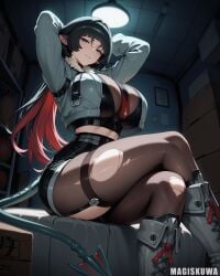 1girls ai_generated animal_ears ass big_ass big_breasts black_hair black_shorts cropped_jacket female fur_trim green_eyes green_jacket hands_behind_head jane_doe_(zenless_zone_zero) long_hair looking_at_viewer magiskuwa mouse_ears mouse_girl multicolored_hair pantyhose_under_shorts red_hair shorts thick_thighs thighs zenless_zone_zero