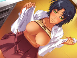 1girls black_hair black_rainbow blush breasts dark_skin female game_cg green_eyes hair large_breasts looking_at_viewer nipples open_clothes open_shirt school_uniform shirt short_hair skirt smile solo undressing ura_saiminjutsu_2