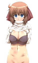 1girls anime_nose black_bra blue_eyes body_blush bow bra breast_squeeze breasts brown_hair bust cleavage female female_only hairbow hirokawa_takemi large_breasts lingerie navel no_panties power_pro_kun_pocket_9 shirt_lift short_hair solo sweater turtleneck underwear