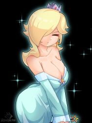 1girls artist_name ass big_ass big_breasts blonde_female blonde_hair blue_dress breasts cleavage closed_eyes dress earrings eyes_closed hair_covering_eye long_dress long_hair mario_(series) nintendo princess_rosalina sautencrer solo solo_female solo_focus super_mario_galaxy wand