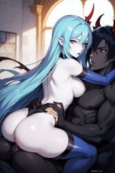 1boy 1girls ai_generated anime anime_style ass black_hair black_skin blue_gloves blue_hair blue_thighhighs breasts cowgirl_position dark-skinned_male dark_skin demon demon_boy demon_girl demon_horns demon_sex elith_(unknownspy) female gloves hands_on_waist hug hugging long_hair looking_at_viewer looking_back looking_back_at_viewer male nude nude_male pale-skinned_female pale_skin partially_clothed partially_clothed_female pointy_ears red_eyes riding riding_penis sex sitting_on_lap sitting_on_penis sitting_on_person straight_sex tagme thighhighs topless unknownspy vaginal_penetration