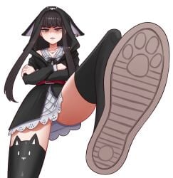 anime_style belt black_hair crossed_arms dominant_female fake_animal_ears fake_cat_ears fake_ears human human_female human_only low-angle_view pov sero4308 sfw shadow_over_eyes shoe_fetish shoes shoes_on shoes_only shoka_sakurane skirt stockings the_world_ends_with_you thick_thighs thighhighs unhappy_female white_background