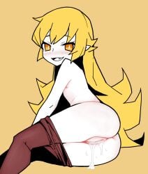 akableak blonde_hair butt_focus half_naked juicy_pussy long_hair monogatari_(series) orange_eyes oshino_shinobu pantyhose pleasure_face pointy_ears pointy_teeth pussy pussy_focus vampire vampire_girl wet wet_pussy