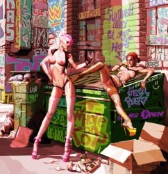 2girls alleyway exposed_breasts outdoors prostitute prostitution sexually_suggestive sluts slutty_clothing whored_out