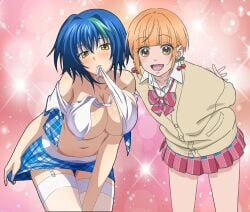 2girls blonde_hair blue_hair leaning_forward looking_at_viewer school_uniform short_hair standing