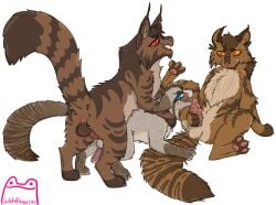 amber_eyes anus artist_name balls big_dom_small_sub blue_eyes blush blush_lines brambleclaw_(warriors) brown_body brown_fur cheek_tuft claws clenched_teeth doggy_style domestic_cat dominant ear_tuft eyebrows facial_tuft felid feline felis fellatio feral feral_with_hair fluffy fluffy_chest fluffy_tail from_behind_position fur genitals grin group hair hawkfrost_(warriors) hi_res holding_penis incest incest_(lore) inner_ear_fluff licking looking_at_viewer male male/male mammal markings open_mouth oral orange_eyes pawpads paws penetration penile penile_spines penis penis_lick round_ears sex sharp_teeth simple_background sitting size_difference smaller_penetrated smile spread_legs spreading striped_body striped_fur striped_markings striped_tail stripes tabby_cat tail tail_markings tan_body tan_fur teeth tigerstar_(the_prophecies_begin) tigerstar_(warriors) tongue tongue_on_penis tongue_out trio tuft warriors_(book_series) warriors_(cats) white_background whitefroggim