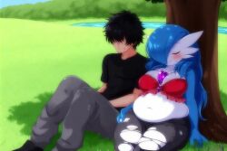 1boy 1boy1girl 1girls ai_generated anthro bbw belly_button belly_fat black_hair black_pants black_shirt blue_hair blush closed_eyes crop_top day denim denim_jeans erect_nipples fat female gardevoir generation_3_pokemon grass grass_field grey_pants human humanoid jeans large_breasts navel necklace pants pokemon river shiny_gardevoir shiny_pokemon sitting sitting_under_tree sleeping smile smiling tree wholesome