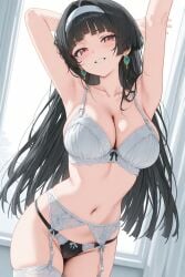 ai_generated armpits astra_yao black_hair bra breasts curvy curvy_female curvy_figure female garter_belt garter_straps hairband hoyoverse large_breasts lingerie looking_at_viewer panties red_eyes seductive smile zenless_zone_zero