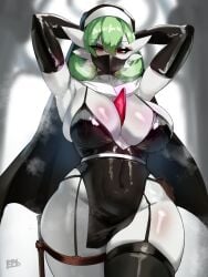 1girls big_breasts choker dagger female gardevoir generation_3_pokemon humanoid latex latex_gloves leg_pouch looking_at_viewer lord_have_mercy mask masked_female nun nun_gardevoir_(cervina7) nun_outfit pokemon pokemon_(species) sana!rpg solo solo_female steam thick_thighs thighhighs