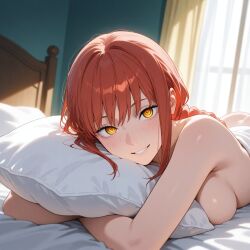 ai_generated ass bangs bed bed_sheet blush braid braided_ponytail breasts chainsaw_man completely_nude curtains day female grin indoors long_hair looking_at_viewer lying makima_(chainsaw_man) medium_breasts nude object_hug on_bed on_stomach parted_lips pillow pillow_hug red_hair ringed_eyes sideboob sidelocks smile solo sunlight window yellow_eyes