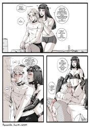 1girls 2boys 2d 2d_(artwork) agreeable_swim_6551 artist_signature black_hair black_lipstick black_socks blowjob blush bulge choker cleavage clothed clothing comic comic_page crossdressing dialogue female female_supporting_crossdressing femboy femdom gentle_femdom gloves goth_girl hairclip highs human human_only imminent_pegging light-skinned_female light-skinned_femboy light-skinned_male light_skin long_hair male malesub medium_hair monochrome panties socks spanish_text straight text text_bubble thigh thigh_socks