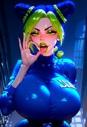 1girls ai_generated big_breasts bimbo bimbo_body blush breasts_bigger_than_head fellatio_gesture female gigantic_breasts green_eyes green_hair green_lipstick hourglass_figure huge_ass huge_breasts jojo's_bizarre_adventure jolyne_kujo lipstick massive_breasts seductive seductive_look short_hair stone_ocean thetyre thick_thighs voluptuous wide_hips