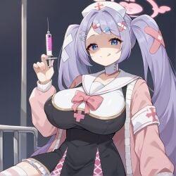 ai_generated blue_archive blue_eyes covered_nipples evil_smile hanae_(blue_archive) holding_syringe huge_breasts kao140522 licking_lips nurse nurse_cap nurse_uniform purple_hair shaded_face syringe tongue