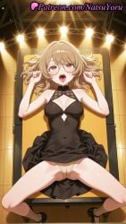 1girls ahe_gao ai_generated anime anime_style ass_visible_through_thighs bangs bare_arms bare_shoulders black_dress black_footwear blonde_hair blush breasts breasts_apart brown-framed_eyewear brown_eyes brown_hair brown_panties brown_socks bust busty cameltoe cleavage cleavage_cutout clothing clothing_cutout covered_navel covered_nipples dress female female_focus female_only from_above full_body glasses halter_dress hands_up hi_res high_quality high_resolution highres kichijouji_yoriko legs long_hair looking_at_viewer looking_up lying medium_breasts medium_hair megane natsuyoru non-asian on_back on_desk on_table open_mouth oshi_no_ko panties pantsu patreon round_eyewear shiny shoes short_dress sleeveless sleeveless_dress socks solo solo_female spread_legs stage stage_lights sweat teeth thighs tongue tongue_out underwear upper_teeth_only voluptuous voluptuous_female white_panties white_socks yellow_panties