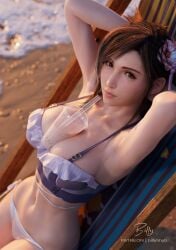 3d 3d_(artwork) beach between_breasts big_breasts bikini bikini_bottom bikini_top billyhhyb final_fantasy_vii final_fantasy_vii_remake red_eyes tifa_lockhart