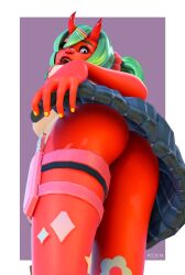 1girls absurd_res absurd_resolution absurdres ass ass_focus clothed demon demon_girl demon_tail digital_media_(artwork) epic_games flashing flashing_ass flashing_at_viewer fortnite fortnite:_battle_royale green_hair hi_res high_resolution highres horns nemia_(fortnite) red_skin twintails