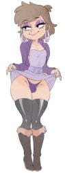1boy black_thighhighs boots brown_boots brown_hair bulge cropped_jacket crossdressing dipper_pines dress_lift earrings femboy femboy_only fur-trimmed_boots gravity_falls hoop_earrings kneehigh_boots makeup male pacifica_northwest pacifica_northwest_(cosplay) pink_dress purple_jacket smile solo_femboy suiren_ciao thighhighs trap