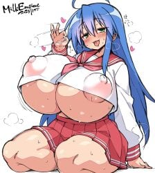 1girls big_breasts blowjob_gesture breasts female gesture handjob_gesture horny horny_female huge_breasts hyper_breasts in_heat konata_izumi kyosuke_fujiwara lucky_star milk_engine naughty_face nipples sexually_suggestive steam sweat sweatdrop sweating sweaty thick_thighs underboob uniform voluptuous_milf