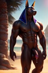 ai_generated anubis balls ballsack brown_body cum cum_drip erect_penis erection muscles muscular muscular_male naked naked_male nude nude_anthro nude_male solo solo_male