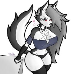 anthro anthropomorphic big_ass big_breasts big_breasts big_butt busty busty_female canine floating_hearts furry furry_female furry_only gloves goth goth_girl gray_hair heart hellhound helluva_boss kairasin leaning_on_object loona_(helluva_boss) red_eyes see-through smirking solo_anthro solo_female taller_girl thick_ass thick_thighs thighhighs white_background white_fur wolf wolf_ears wolf_girl wolf_humanoid wolf_tail