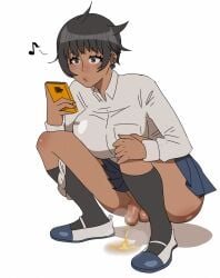 censored dark-skinned_futanari futanari greko peeing penis short_hair squatting