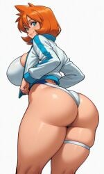 1girl ai_generated aqua_eyes ass back_cutout bangs blue_eyes blue_jacket blush breasts busty clenched_hands clothing clothing_cutout competition_swimsuit curvaceous female female_only from_behind green_eyes hair_between_eyes hands_up highleg highleg_swimsuit huge_ass huge_breasts jacket kasumi_(pokemon) large_ass large_breasts long_sleeves looking_at_viewer looking_back misty_(pokemon_hgss) multicolored multicolored_clothes multicolored_swimsuit one-piece_swimsuit one-piece_thong open-mouth_smile open_clothes open_jacket open_mouth orange_hair pokemon shiny_skin short_hair sideboob skindentation smile solo sportswear standing swimsuit tank_suit teeth thick_ass thick_thighs thigh_strap thighs thong track_jacket twisted_torso two-tone_swimsuit upper_teeth upper_teeth_only white_jacket white_one-piece_swimsuit white_swimsuit wide_hips