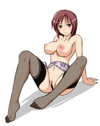 blush breasts brown_eyes censored feet female garter_belt hiyoko_daiou looking_at_viewer nipples pubic_hair pussy red_hair sitting solo thighhighs