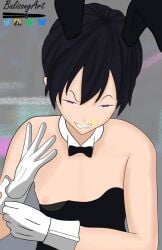 balisong balisongart black_hair bowtie bratty bunny_ears bunnysuit butterfly_knife femboy gloves grin nightclub nipple_slip